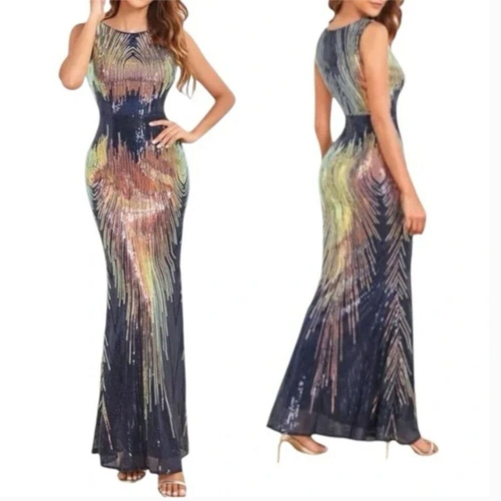 🌿Gala Glam Evening Elegant Sequined Mermaid Boatneck Maxi Dress [S]🌿
